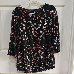 John Mark Black Floral Blouse with Pink and Cream Blooms